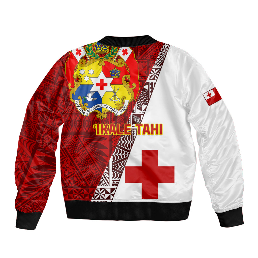 Red and white rugby bomber jacket with large shield crest and cross on chest, ribbed hem