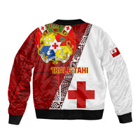Red and white rugby bomber jacket with large shield crest and cross on chest, ribbed hem