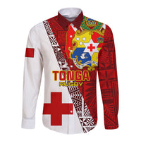 Red and white long-sleeve rugby button shirt with crest, gold trim, and cross emblem