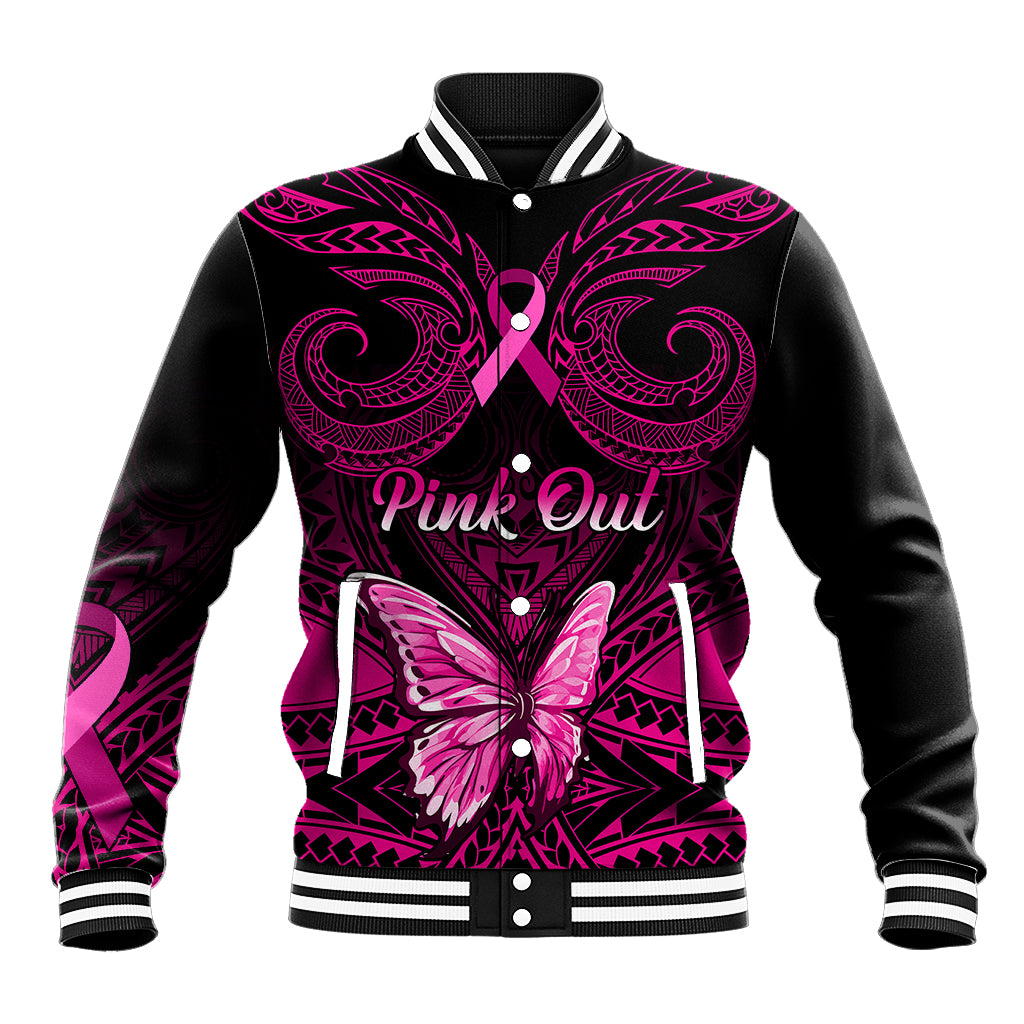 Black baseball jacket with pink tribal art, ribbon heart, butterfly; button front.