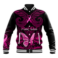 Black baseball jacket with pink tribal art, ribbon heart, butterfly; button front.