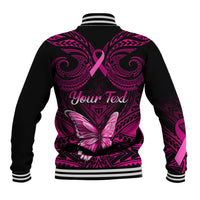 Black baseball jacket back graphic with pink ribbon heart, butterfly; ribbed striped hem.