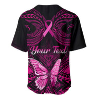 Black baseball jersey back with pink ribbon, polynesian pattern, butterfly graphic, “Your Text”