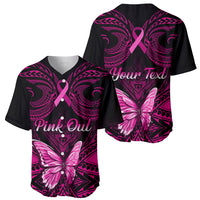Pair of black baseball jerseys: front shows “Pink Out,” back shows “Your Text,” with pink ribbon