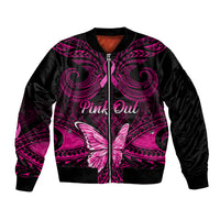 Black bomber jacket with pink out graphic, butterfly and zip front, ribbed cuffs