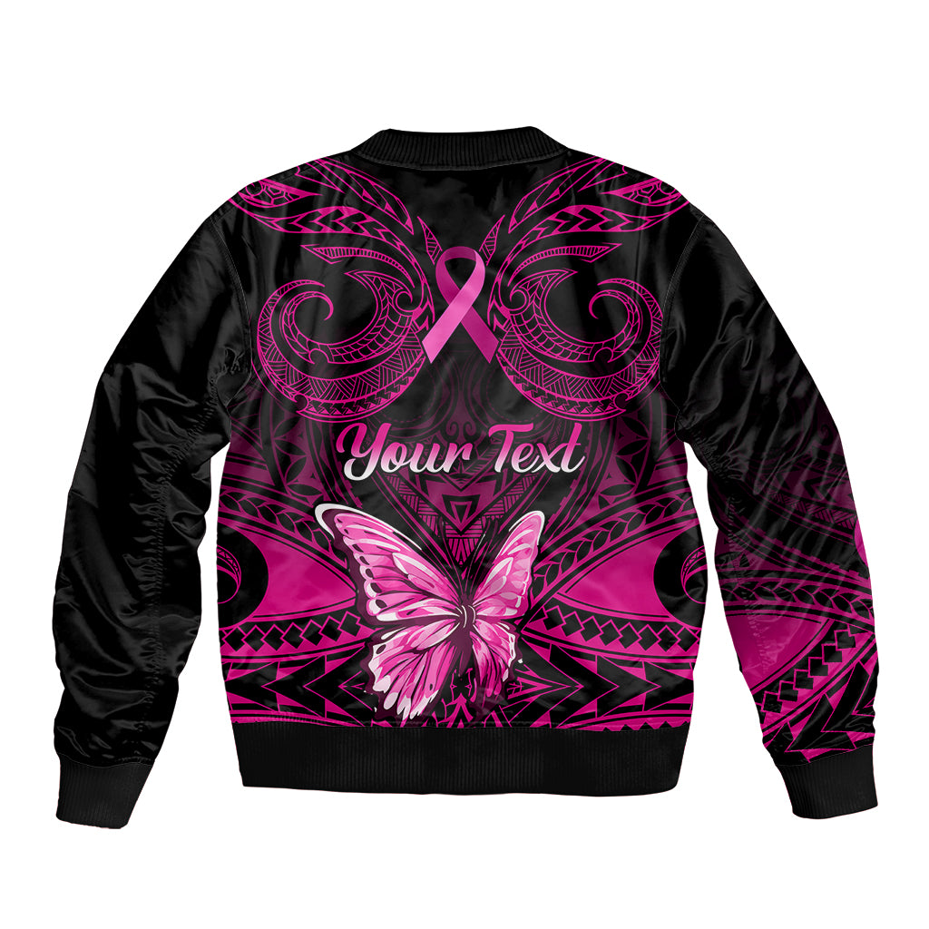 Black bomber jacket with pink butterfly swirl pattern and Your Text on back