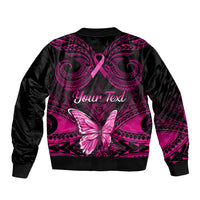 Black bomber jacket with pink butterfly swirl pattern and Your Text on back