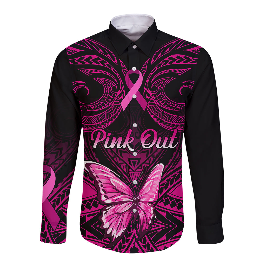 Black long sleeve button shirt with pink ribbon, butterfly, Polynesian pattern; 'Pink Out' front