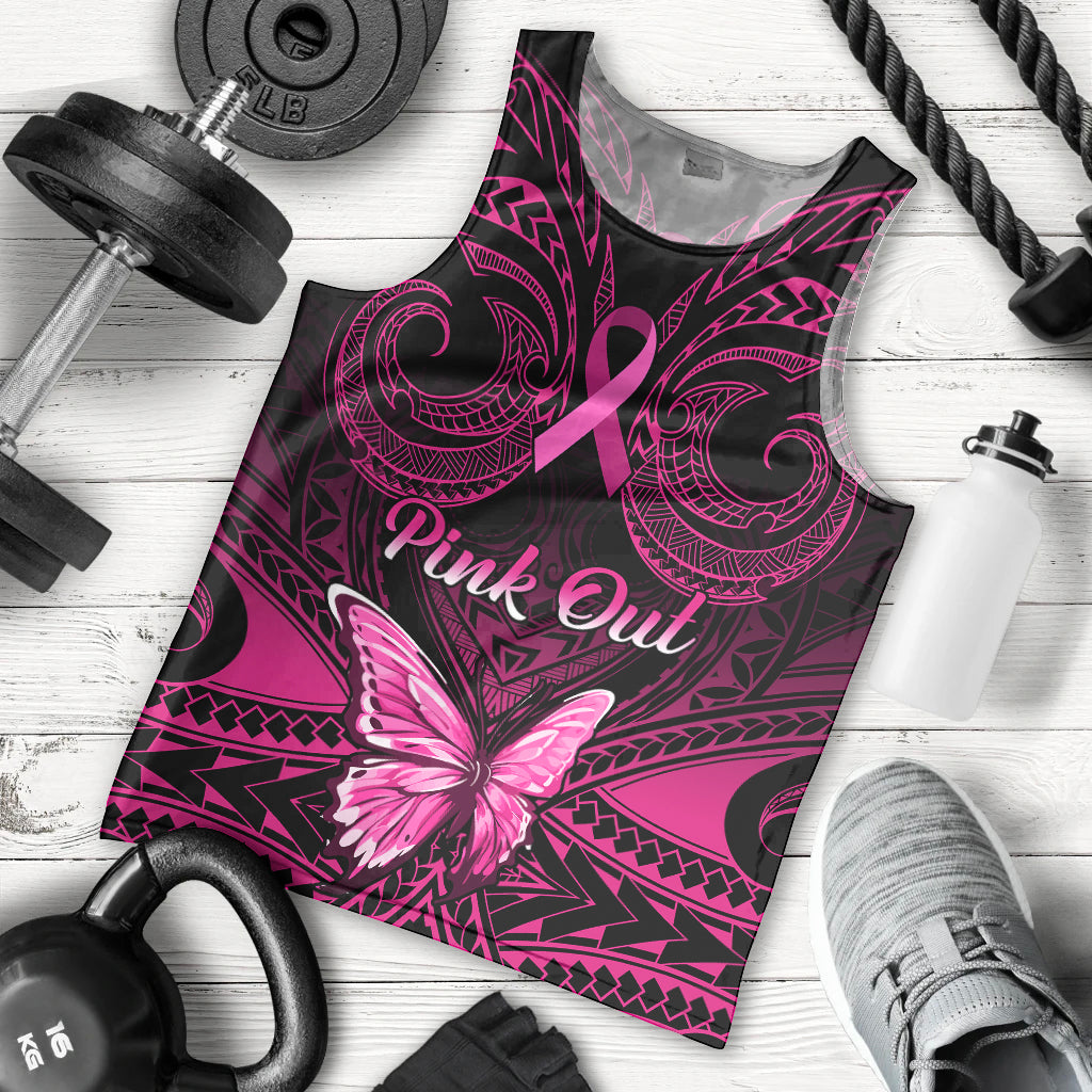 Personalised Pink Out Men Tank Top Breast Cancer Awareness Polynesian Pattern Black Version - Wonder Print Shop