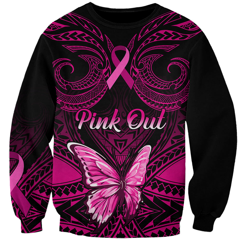Black crewneck sweatshirt with pink ribbon, tribal pattern and butterfly graphic at chest