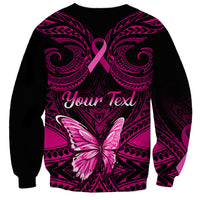 Black crewneck sweatshirt with pink ribbon, tribal pattern and butterfly graphic with "Your Text"