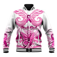 White varsity baseball jacket with pink breast-cancer ribbon graphic and patterned trim