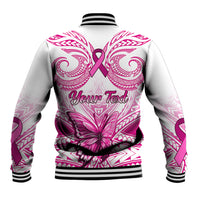 Back of white varsity baseball jacket with pink ribbon, Polynesian pattern, "Your Text"