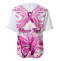 White baseball jersey with pink ribbon and Polynesian floral pattern, 'Your Text' print