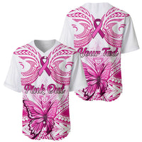 Two white baseball jerseys with pink ribbon, Polynesian floral pattern and custom text