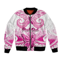 White bomber jacket with pink ribbon graphic, Polynesian pattern, zip front and ribbed cuffs