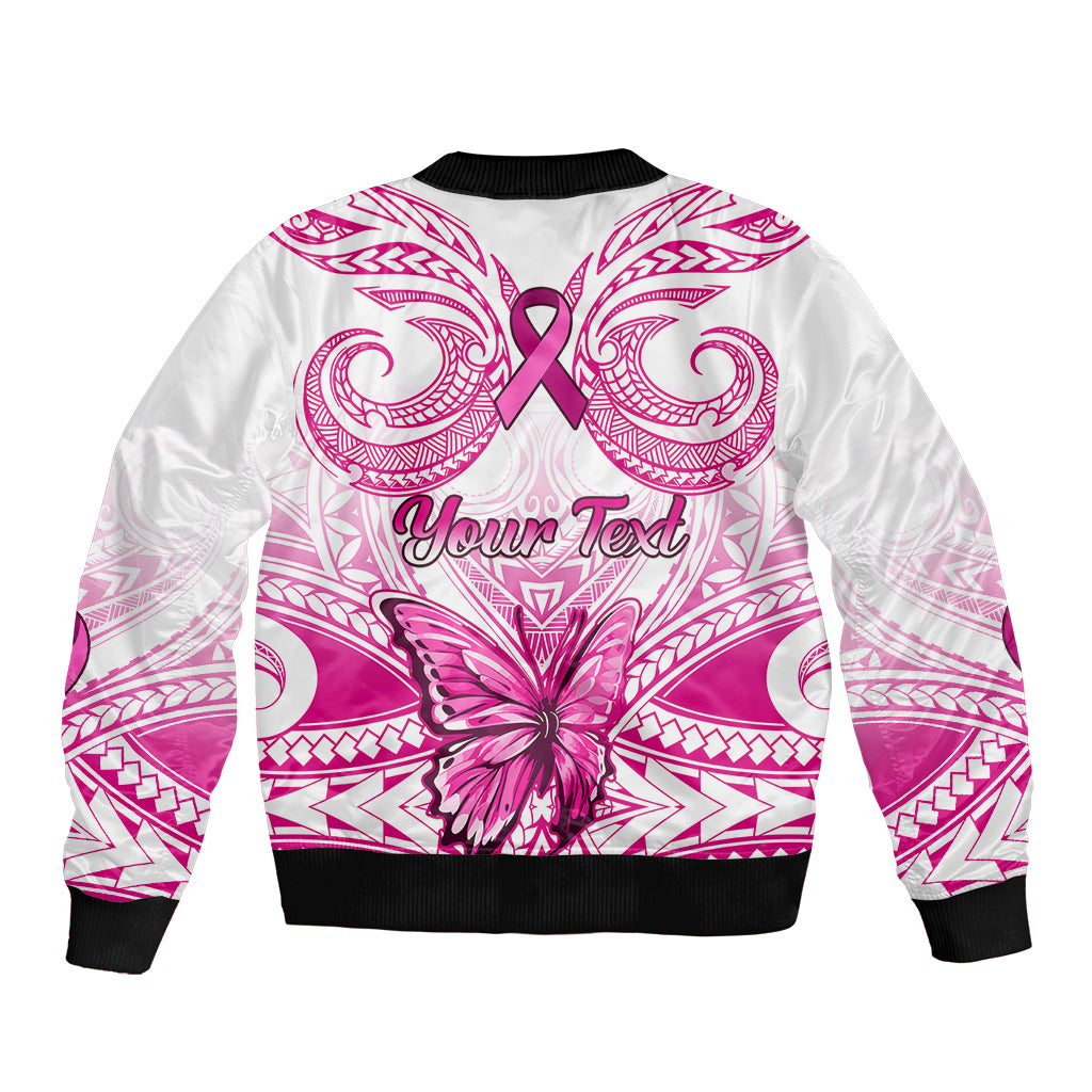 White bomber jacket back with 'Your Text' print, pink butterfly and Polynesian pattern