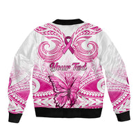 White bomber jacket back with 'Your Text' print, pink butterfly and Polynesian pattern