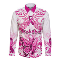 White long sleeve button shirt with pink awareness ribbon and Polynesian pattern