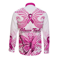 White long sleeve button shirt back with pink ribbon and 'Your Text' pattern