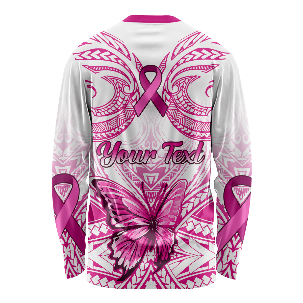 Personalized long-sleeve awareness shirt in white with pink ribbon and 'Your Text' back