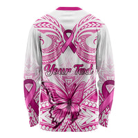 Personalized long-sleeve awareness shirt in white with pink ribbon and 'Your Text' back