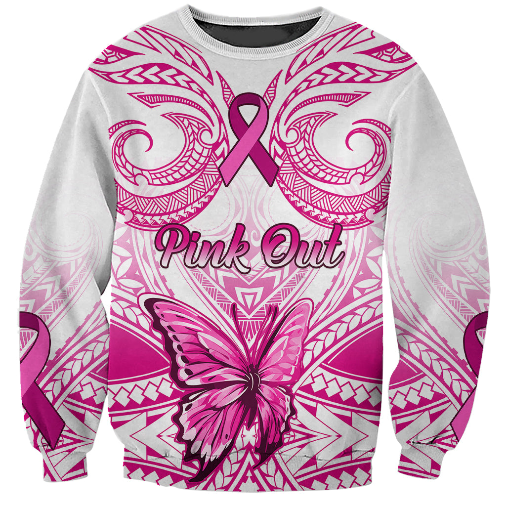 Unisex white sweatshirt with pink Polynesian pattern, ribbon and Pink Out graphic, butterfly