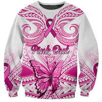 Unisex white sweatshirt with pink Polynesian pattern, ribbon and Pink Out graphic, butterfly