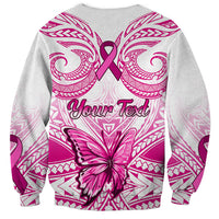 Unisex white sweatshirt back with pink Polynesian pattern, ribbon, Your Text and butterfly