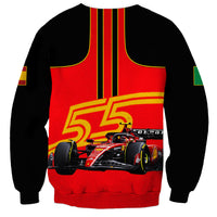 Unisex black sweatshirt with red back panel, yellow striped vertical design and 55 print