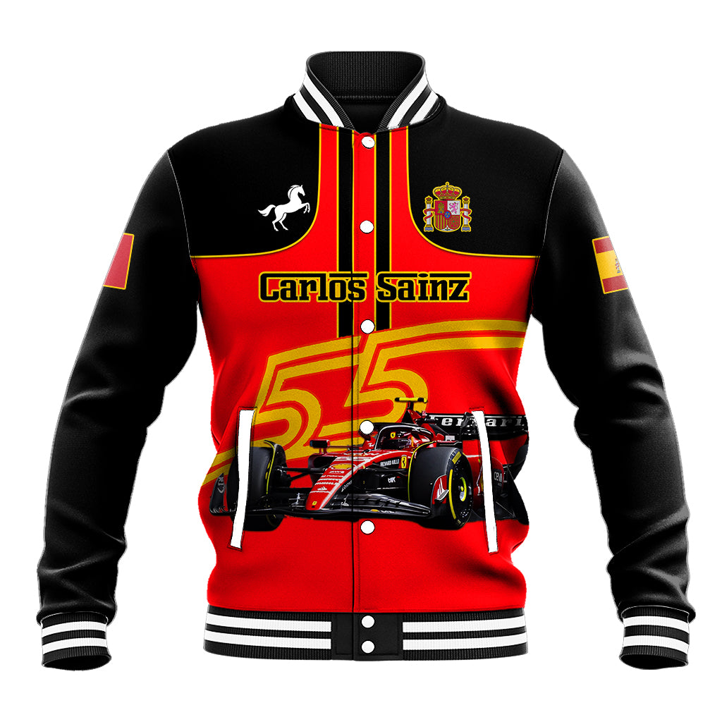 Red and black personalized baseball jacket with Carlos Sainz 55 front print and button placket