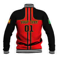 Red and black personalized baseball jacket with back 01 print and vertical stripe detailing