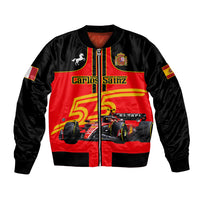 Red and black bomber jacket with racing graphics, full zip front, and number 55