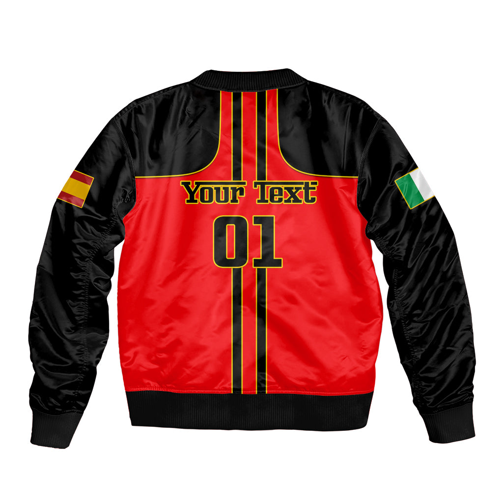 Red and black bomber jacket back with striped panel, custom text, and number 01