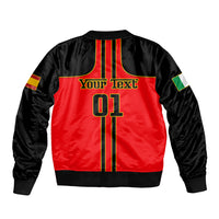 Red and black bomber jacket back with striped panel, custom text, and number 01