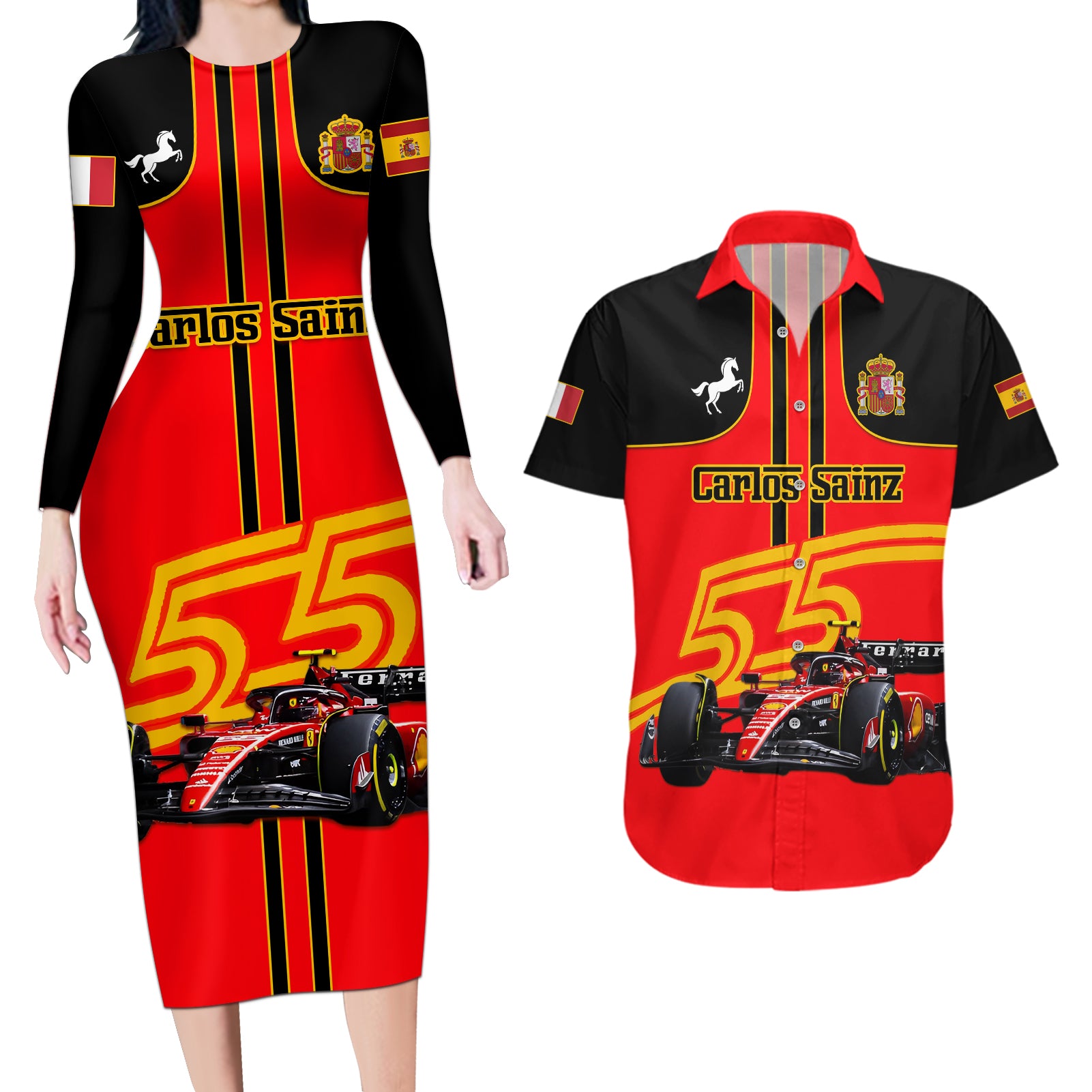 Personalised Carlos Sainz 55 Couples Matching Long Sleeve Bodycon Dress and Hawaiian Shirt 2023 Singapore GP - Wonder Print Shop