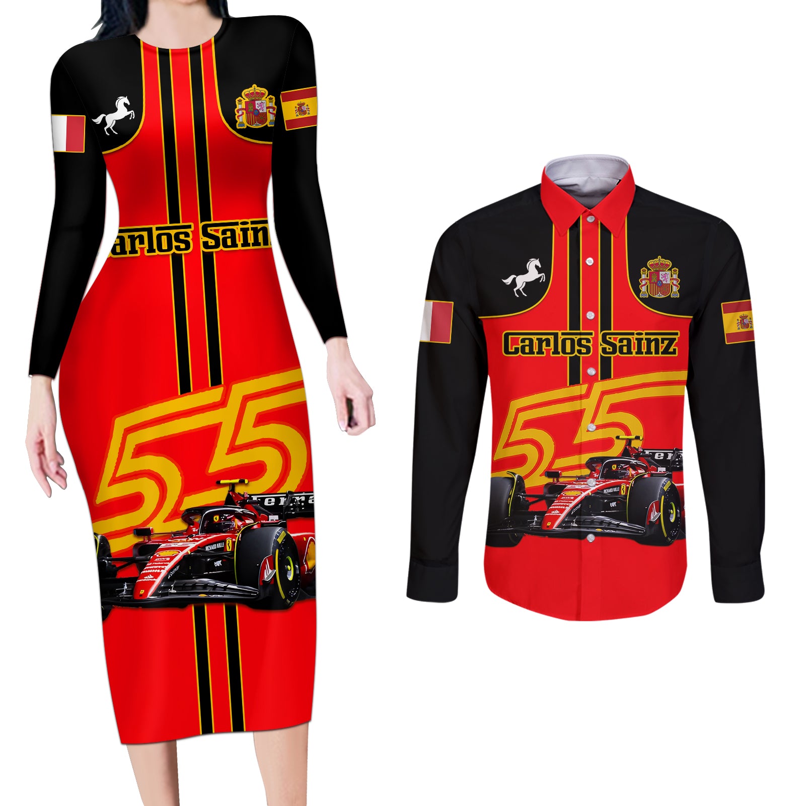 Personalised Carlos Sainz 55 Couples Matching Long Sleeve Bodycon Dress and Long Sleeve Button Shirts 2023 Singapore GP - Wonder Print Shop