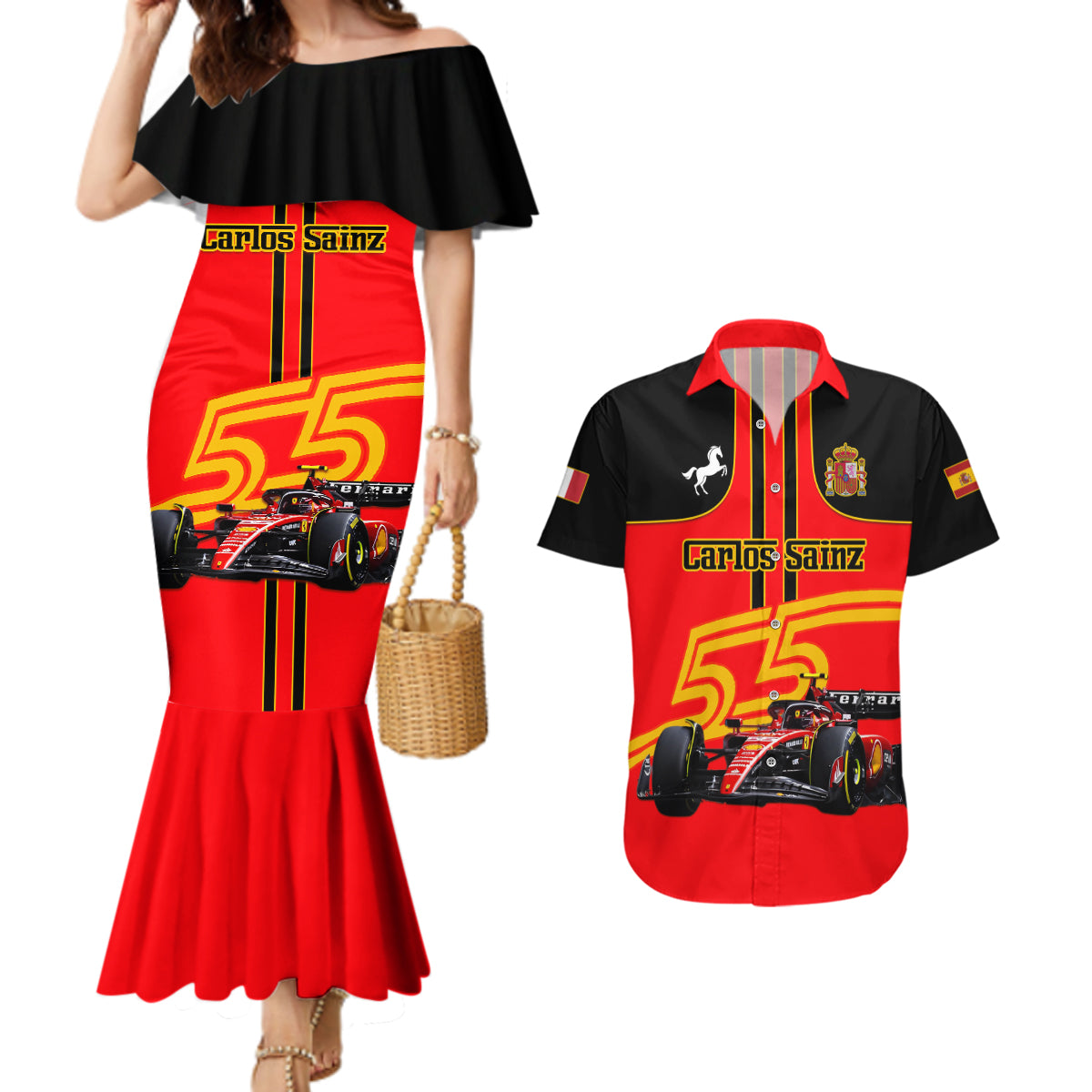 Personalised Carlos Sainz 55 Couples Matching Mermaid Dress and Hawaiian Shirt 2023 Singapore GP - Wonder Print Shop