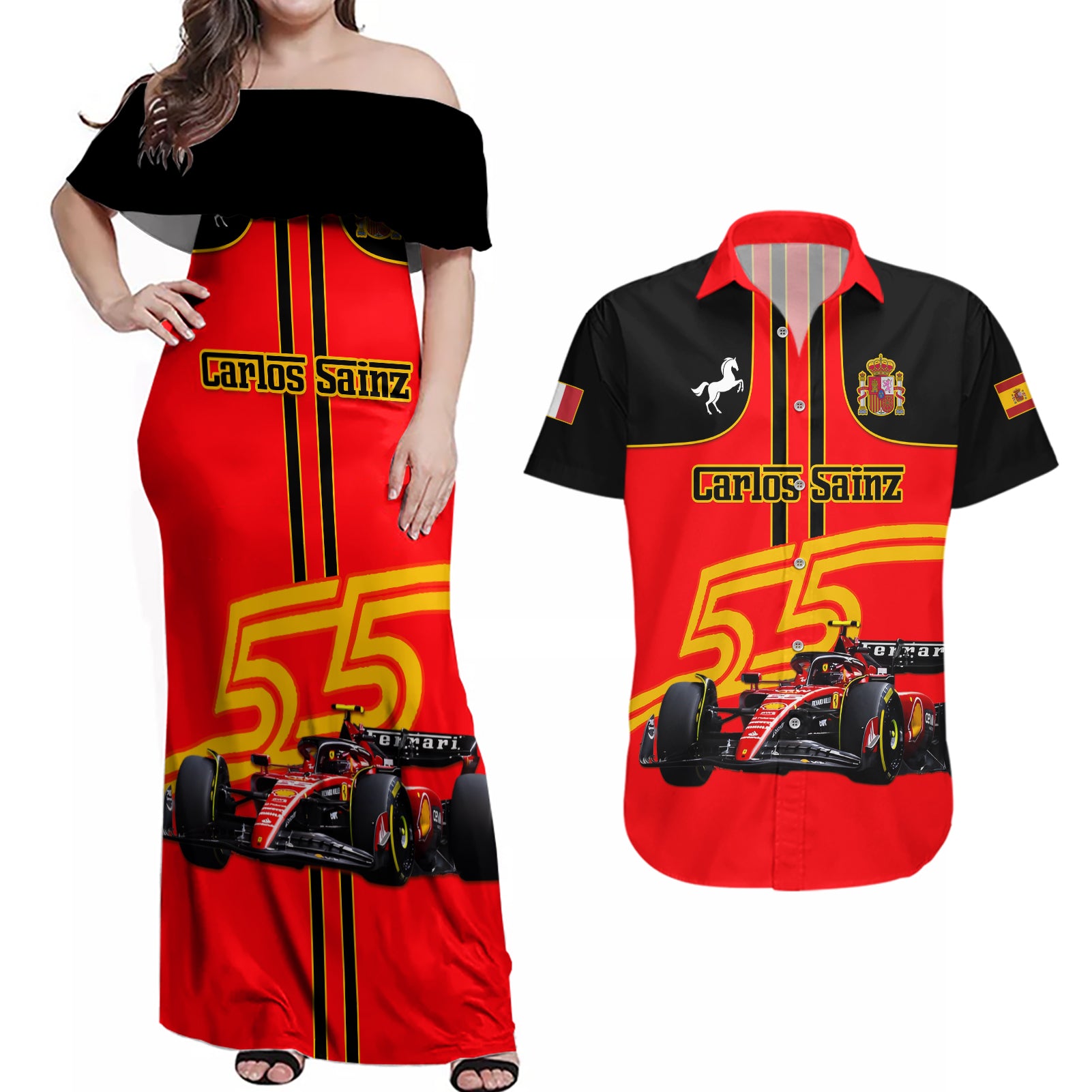 Personalised Carlos Sainz 55 Couples Matching Off Shoulder Maxi Dress and Hawaiian Shirt 2023 Singapore GP - Wonder Print Shop