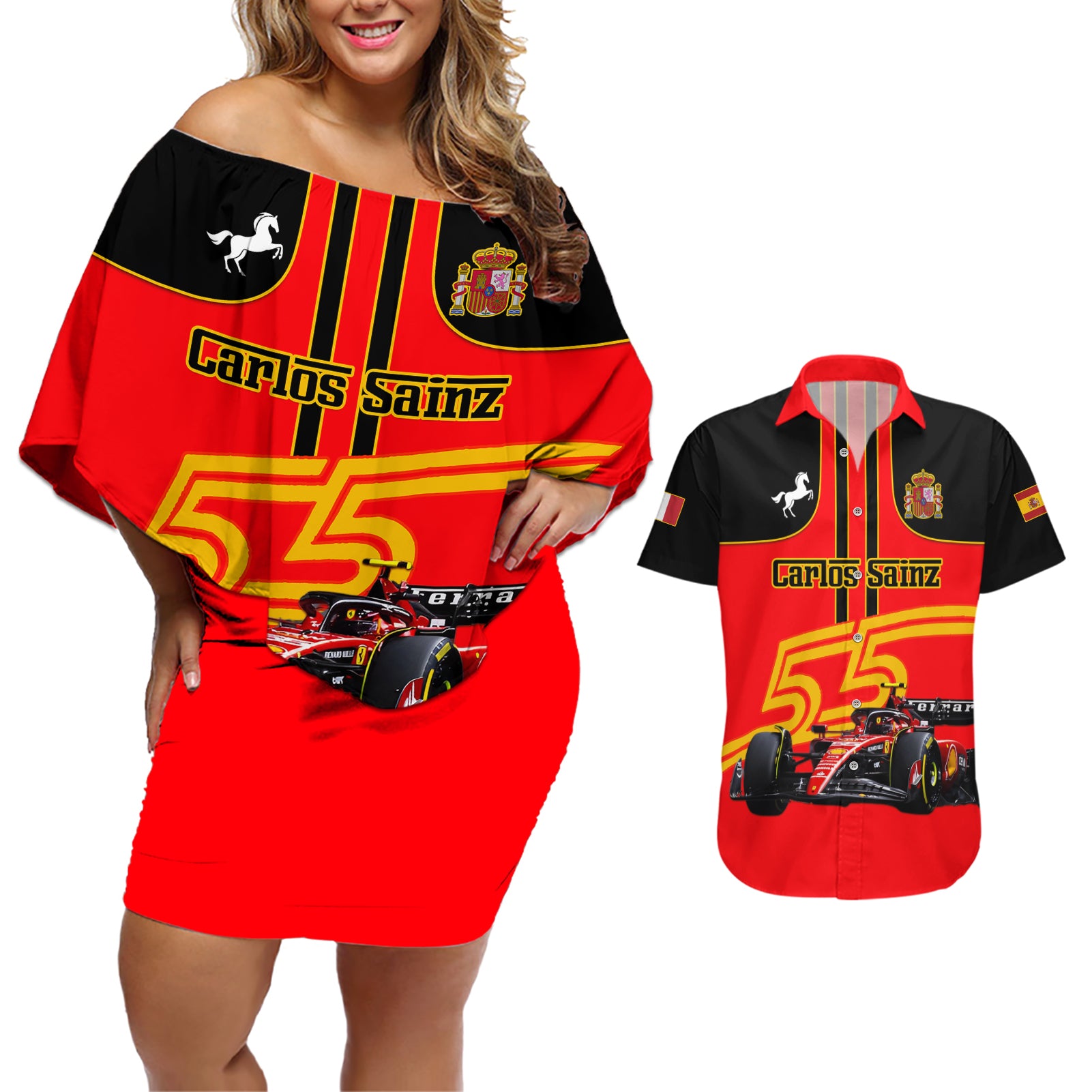 Personalised Carlos Sainz 55 Couples Matching Off Shoulder Short Dress and Hawaiian Shirt 2023 Singapore GP - Wonder Print Shop