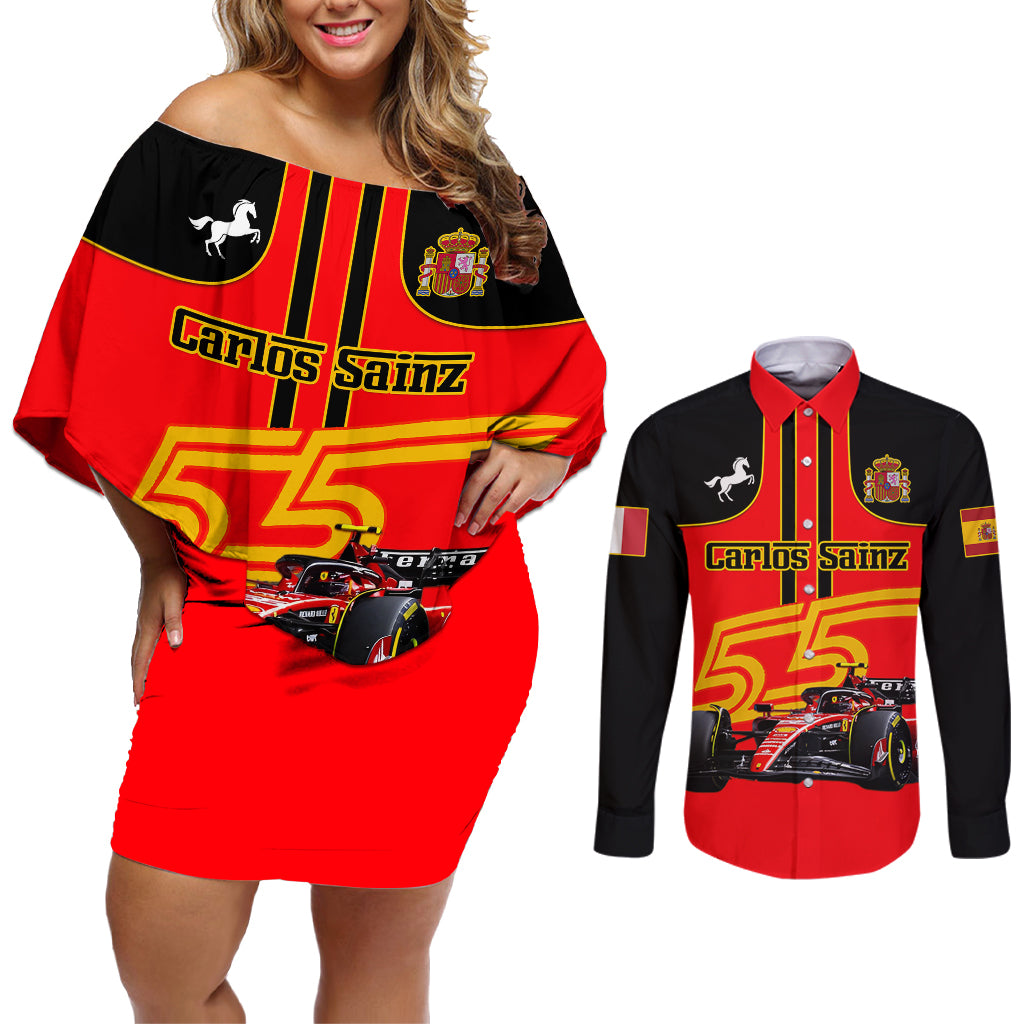 Personalised Carlos Sainz 55 Couples Matching Off Shoulder Short Dress and Long Sleeve Button Shirts 2023 Singapore GP - Wonder Print Shop