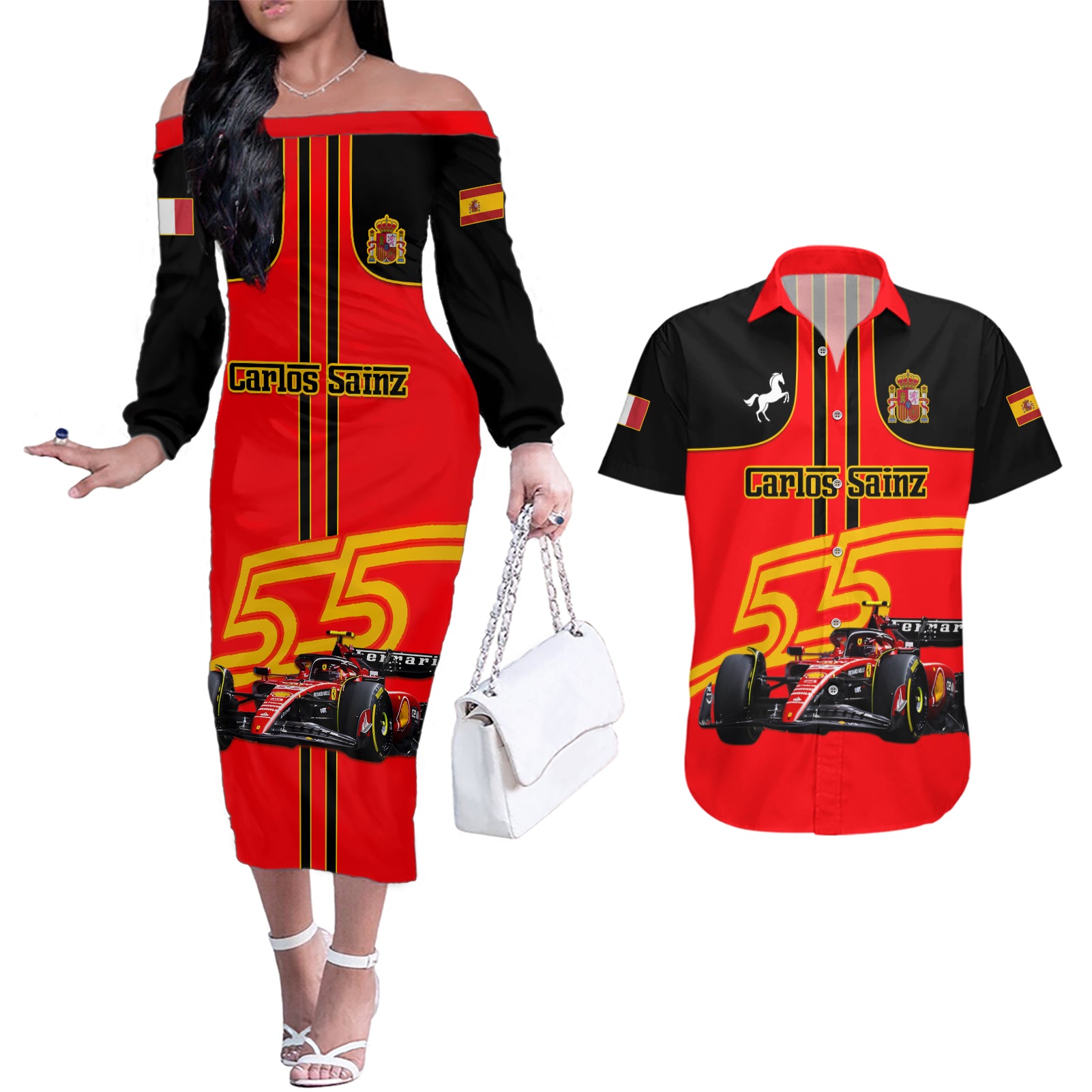 Personalised Carlos Sainz 55 Couples Matching Off The Shoulder Long Sleeve Dress and Hawaiian Shirt 2023 Singapore GP - Wonder Print Shop