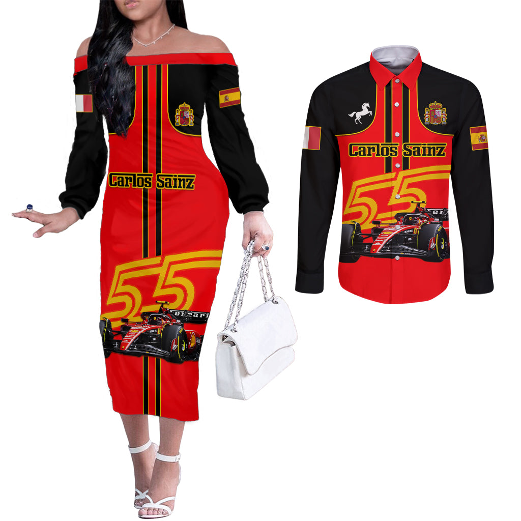 personalised-carlos-sainz-55-couples-matching-off-the-shoulder-long-sleeve-dress-and-long-sleeve-button-shirts-2023-singapore-gp