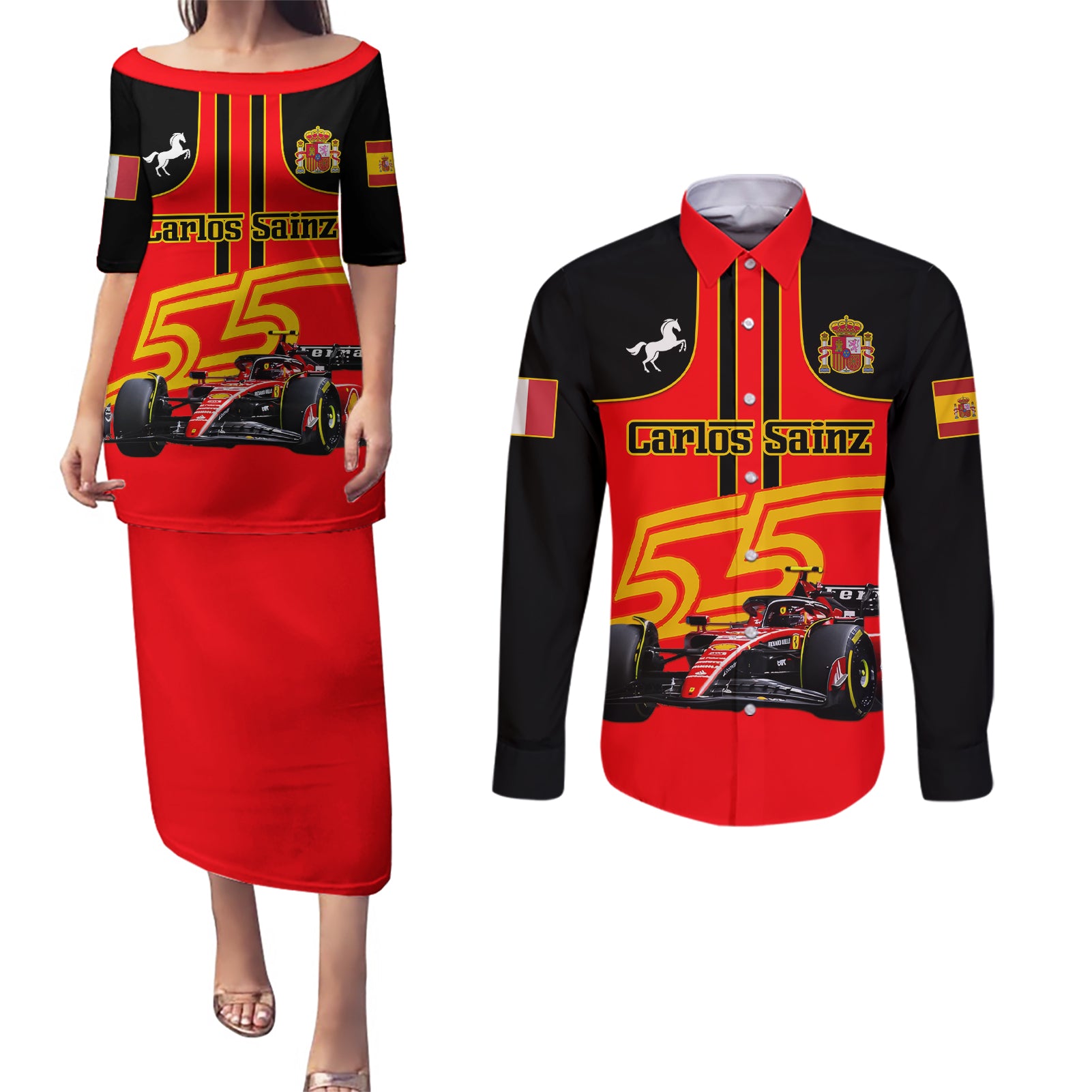 Personalised Carlos Sainz 55 Couples Matching Puletasi Dress and Long Sleeve Button Shirts 2023 Singapore GP - Wonder Print Shop