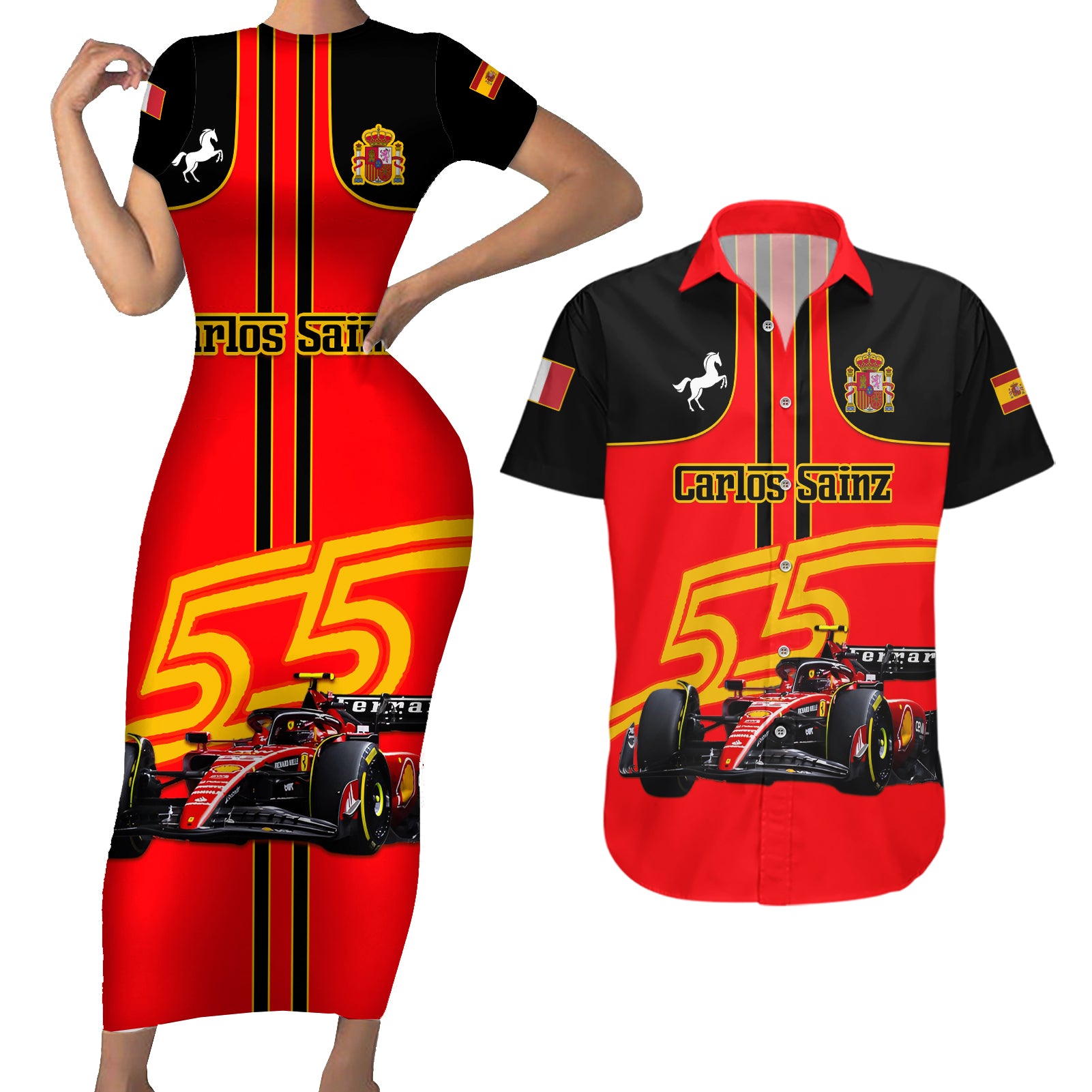 Personalised Carlos Sainz 55 Couples Matching Short Sleeve Bodycon Dress and Hawaiian Shirt 2023 Singapore GP - Wonder Print Shop