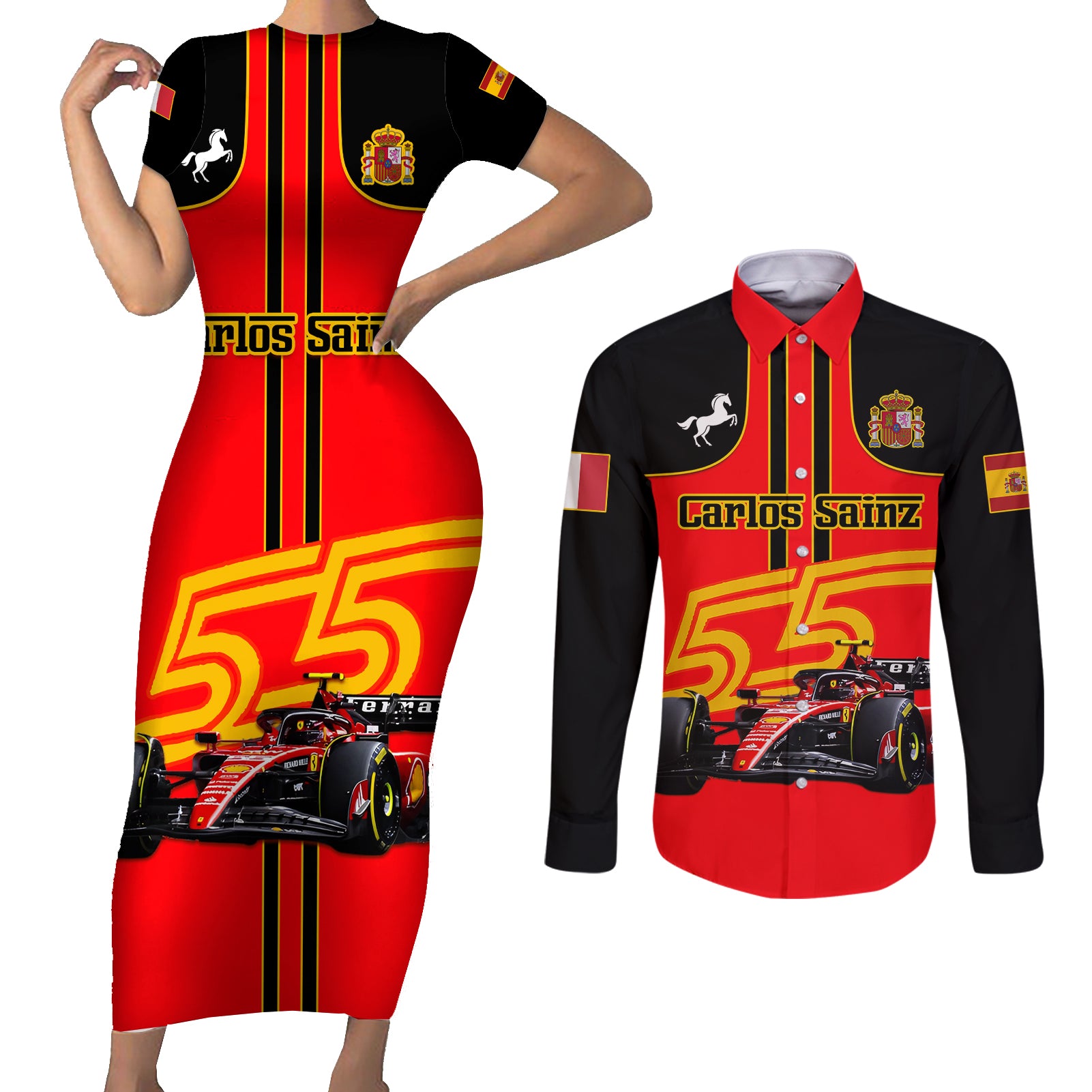 Personalised Carlos Sainz 55 Couples Matching Short Sleeve Bodycon Dress and Long Sleeve Button Shirts 2023 Singapore GP - Wonder Print Shop