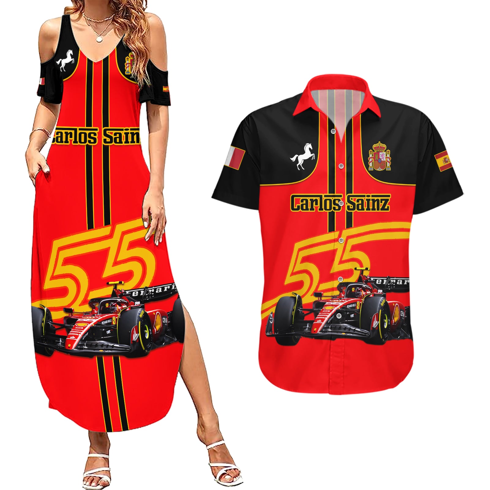 Personalised Carlos Sainz 55 Couples Matching Summer Maxi Dress and Hawaiian Shirt 2023 Singapore GP - Wonder Print Shop