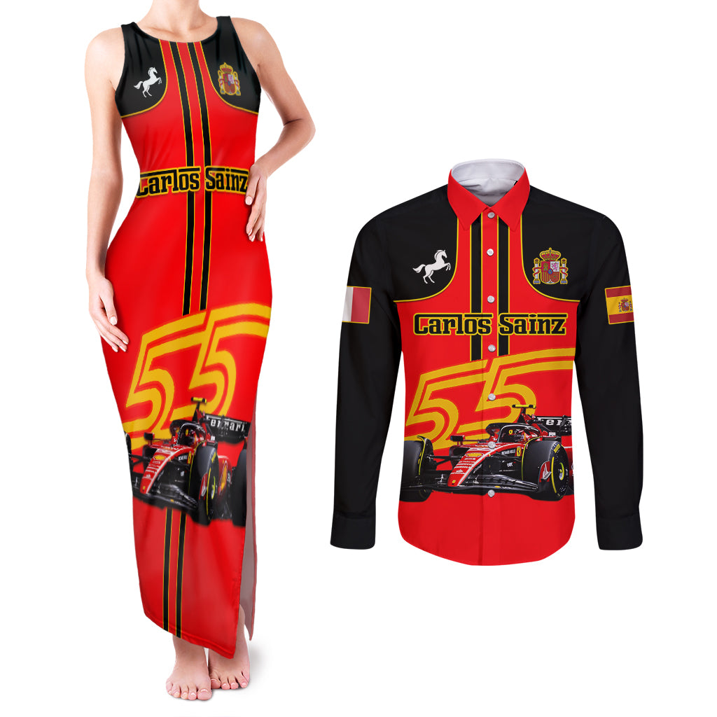 Personalised Carlos Sainz 55 Couples Matching Tank Maxi Dress and Long Sleeve Button Shirts 2023 Singapore GP - Wonder Print Shop