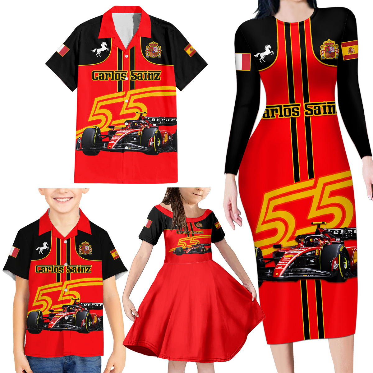 Personalised Carlos Sainz 55 Family Matching Long Sleeve Bodycon Dress and Hawaiian Shirt 2023 Singapore GP - Wonder Print Shop