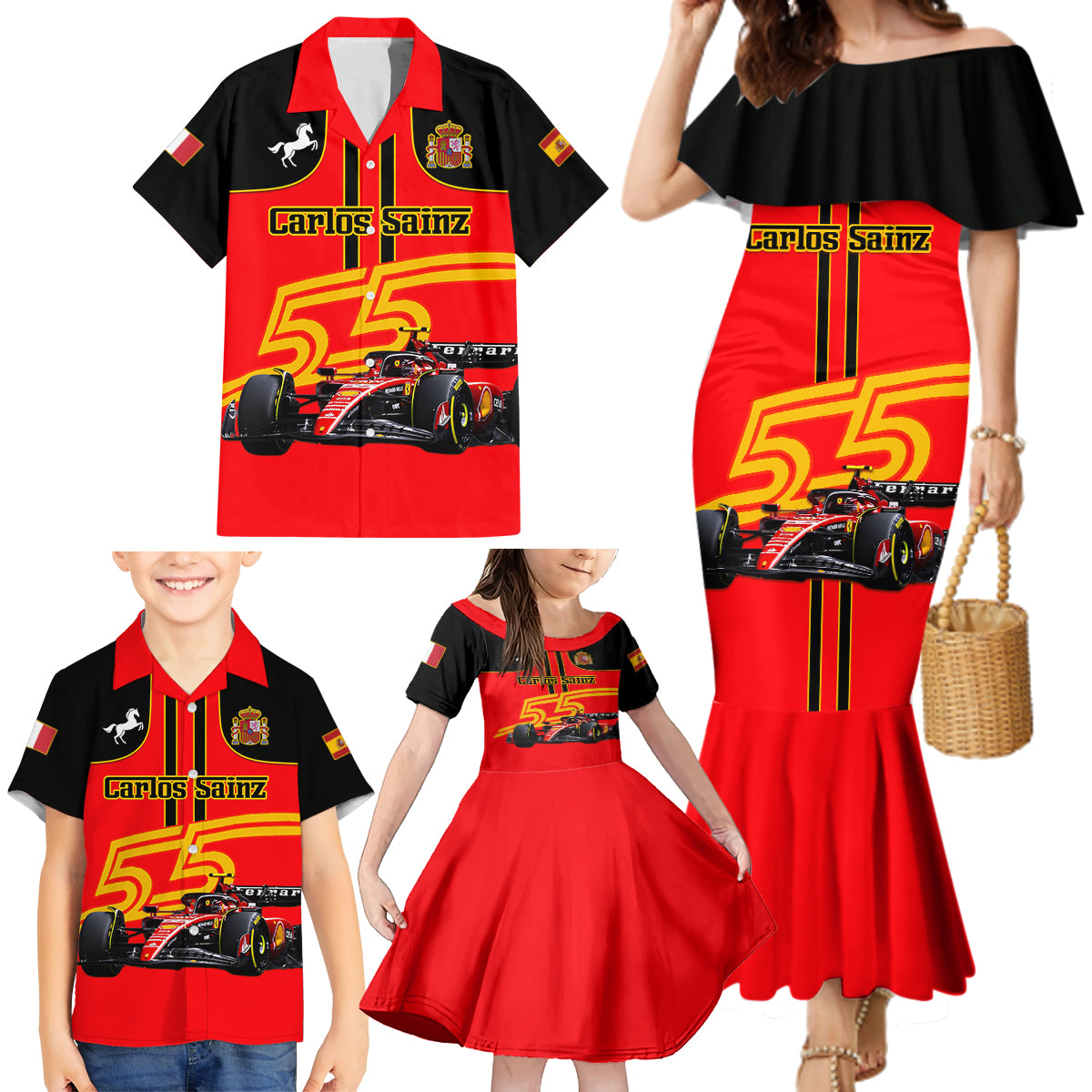 Personalised Carlos Sainz 55 Family Matching Mermaid Dress and Hawaiian Shirt 2023 Singapore GP - Wonder Print Shop